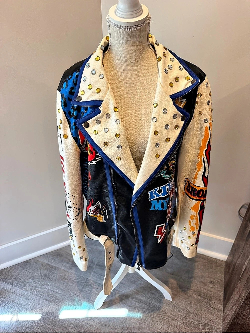 Rebel Studded Graphic Leather Jacket in Black & White Size Large